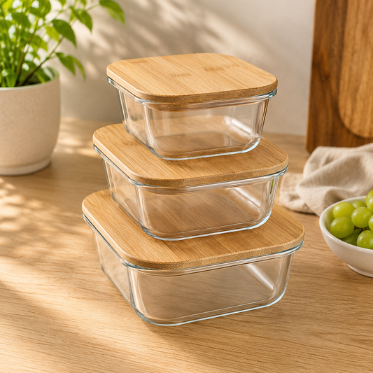 3PC Glass Dish Set with Wooden Lids Square – Food Storage & Serving Containers with Wood Style Covers for Kitchen & Dining