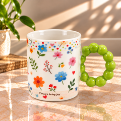 Colourful Floral Ceramic Coffee Mug with Beaded Handle – Cute Tea & Coffee Cup