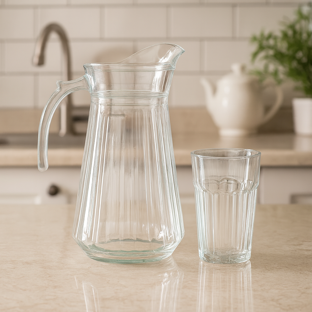 Ribbed Crystal-Style Glass Water Set – 7-Piece Set (1.2 L Jug + 370 mL Glasses)