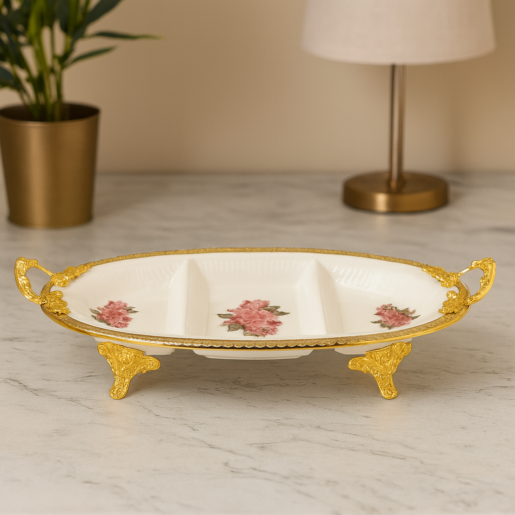36×22cm 3-Section Decorative Dish – Rose Flower Design
