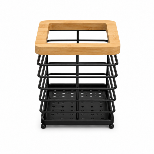 Square Wood & Iron Chopstick Holder – Black & White Kitchen Utensil Stand