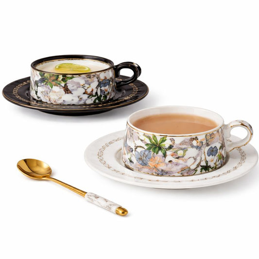 Ceramic Fancy Cup & Saucer Set – Elegant White & Black Floral Tea Set