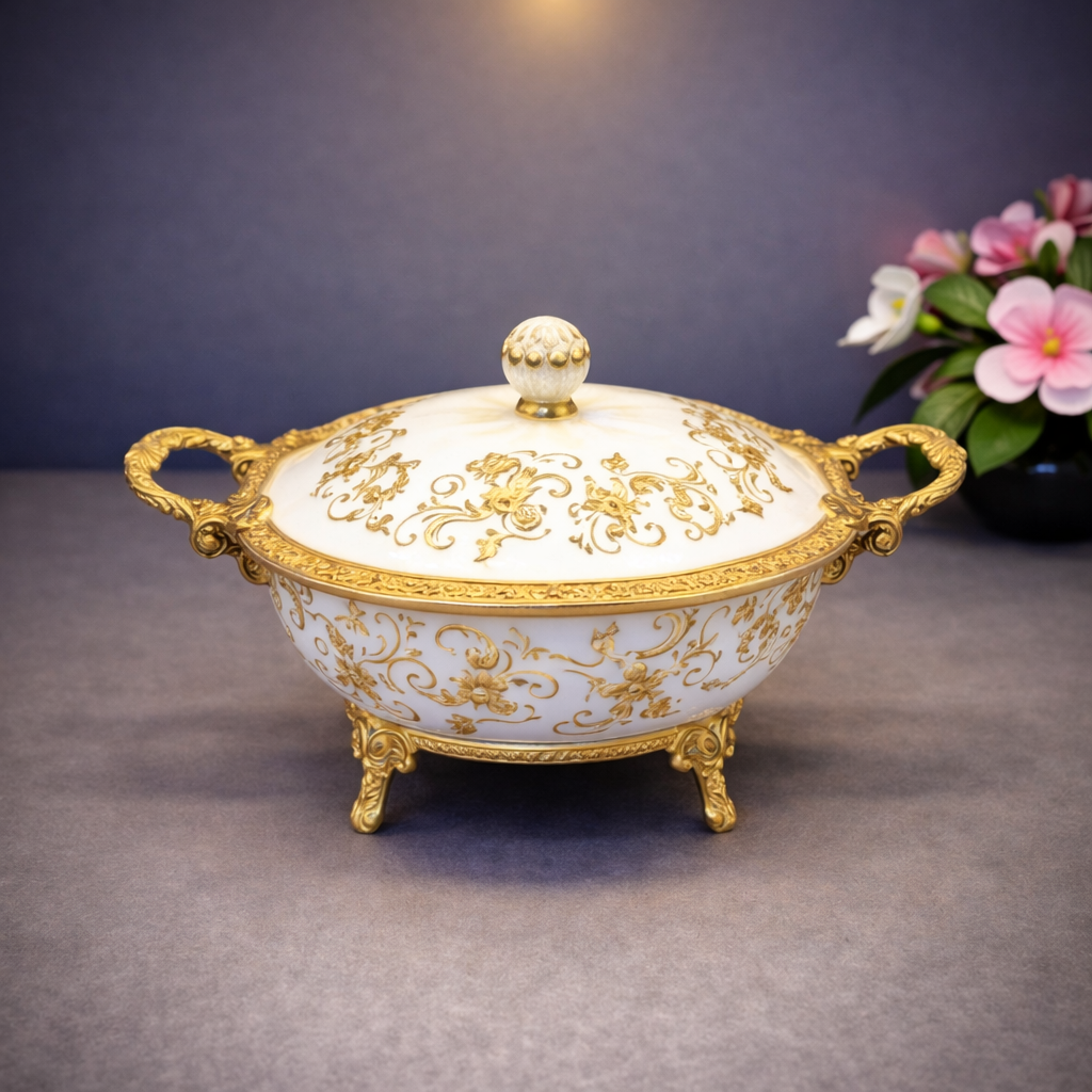Candy Pot – Luxury Gold Ornate Covered Serving Bowl - Habitt