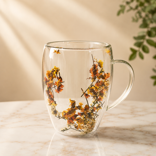 Flower Double Wall Glass Mug – Gold & White Floral Aesthetic Cup