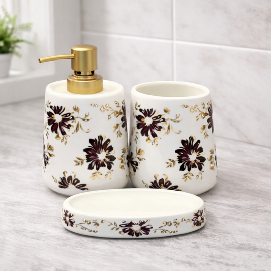 4-Piece Floral Bathroom Accessories Set – White with Dark Flower Design Soap Dispenser, Toothbrush Holder & Soap Dish - Habitt