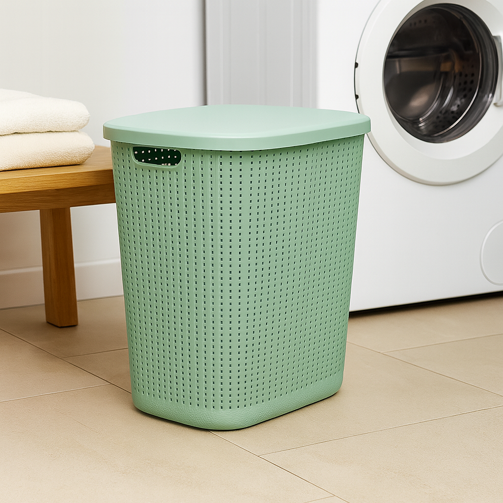 Laundry Basket – 57 Litres Ventilated Hamper with Lid (Green, Beige & Pink)