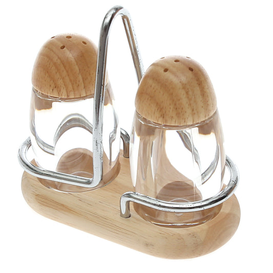 Glass Salt & Pepper Shaker Set – 2‑Piece with Wooden Lids & Stand