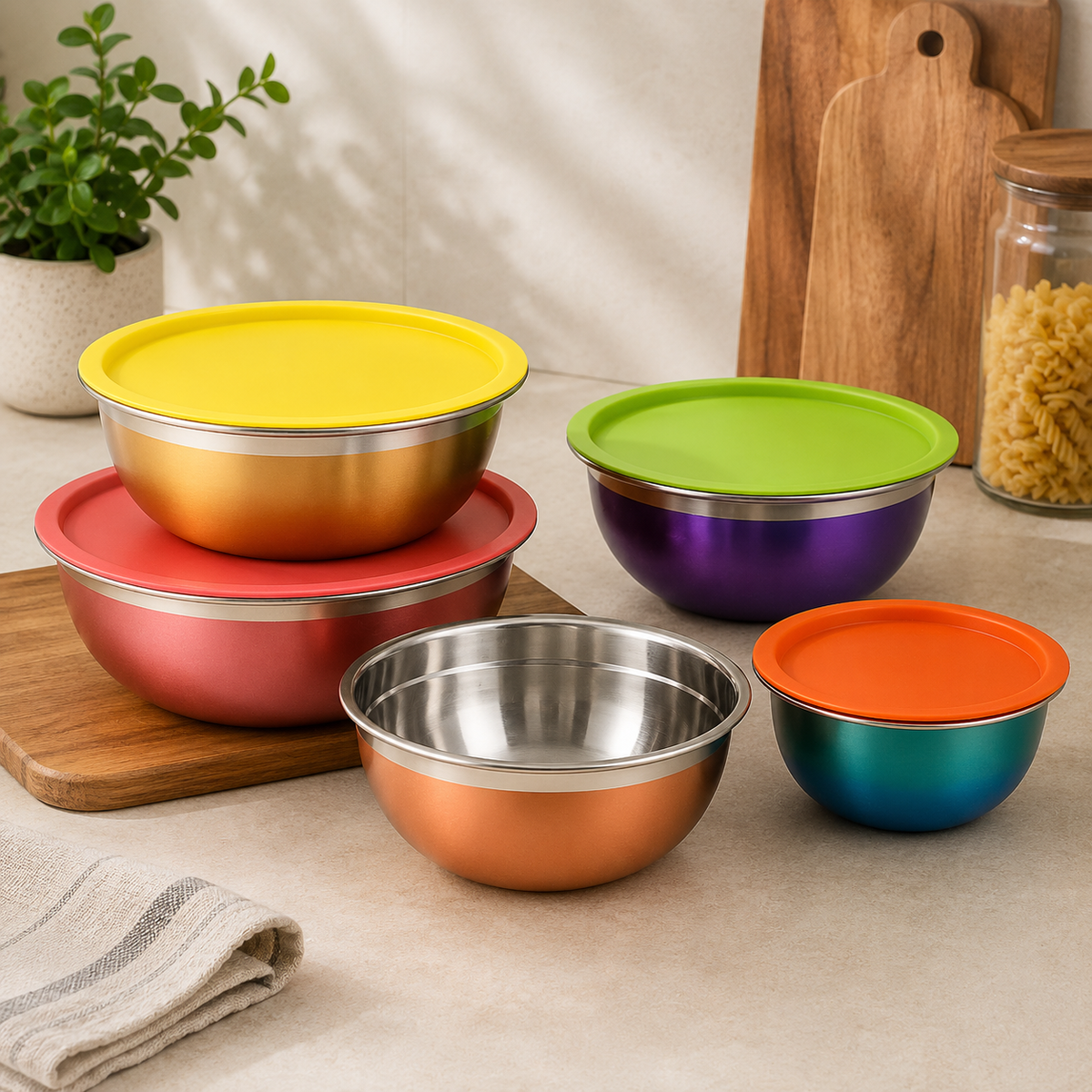 5-Piece Colorful Stainless Steel Salad Bowl Set with Airtight Covers for Fresh Food Storage