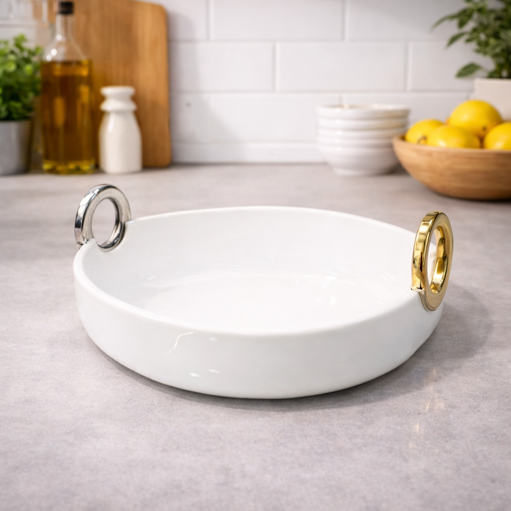 Oval Bowl with Golden Handle – Elegant Serving Bowl - Habitt