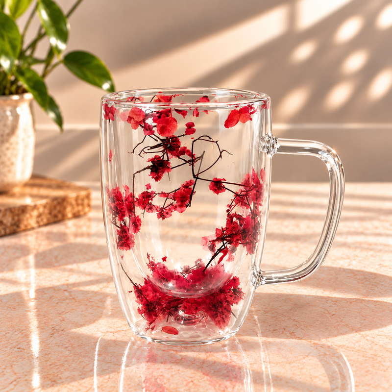 Turquoise Blossom Glass Mug – 450ml Floral Transparent Coffee & Tea Mug