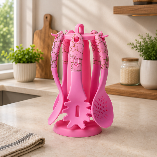 7 PCS Premium Pink Silicone Kitchen Utensil Set with Marble Handles & Rotating Stand | Heat-Resistant Cooking Spoon Set
