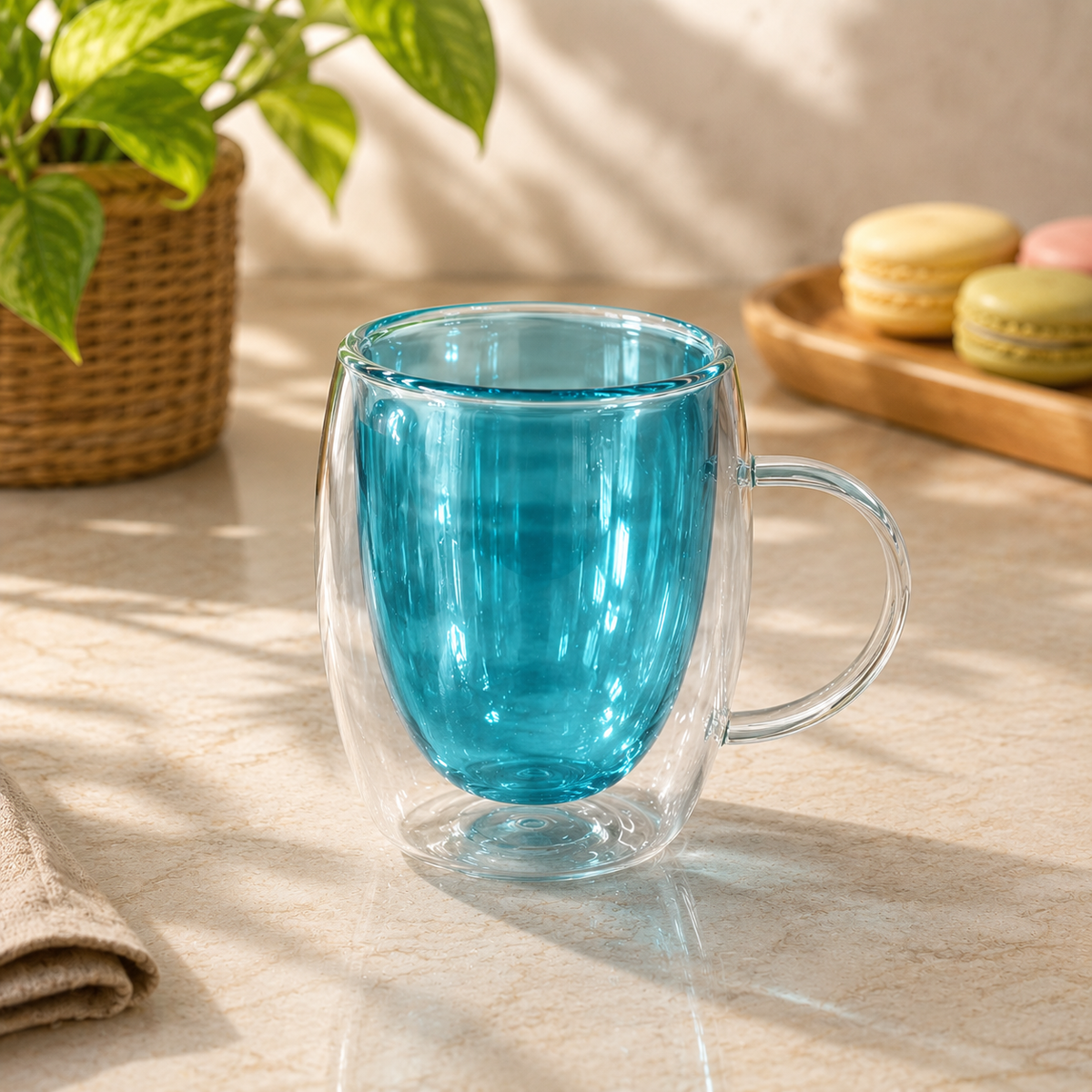 Double Wall Glass Color Mug Blue with Handle | Insulated Glass Coffee & Tea Mug