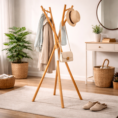 Bamboo Folding Coat Hanger Stand – Modern Freestanding Wooden Clothes Rack with Multi Hooks - Habitt