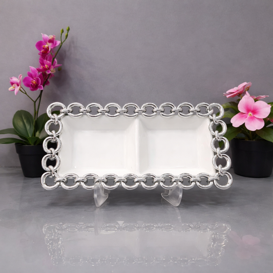 Circle Edge Rect Bowl – Elegant Rectangular Serving Bowl (Silver & Golden) - Habitt