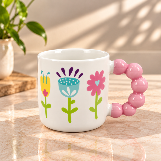 Colourful Floral Bubble Handle Ceramic Mug