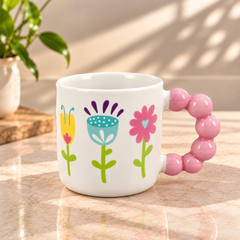 Colourful Floral Bubble Handle Ceramic Mug