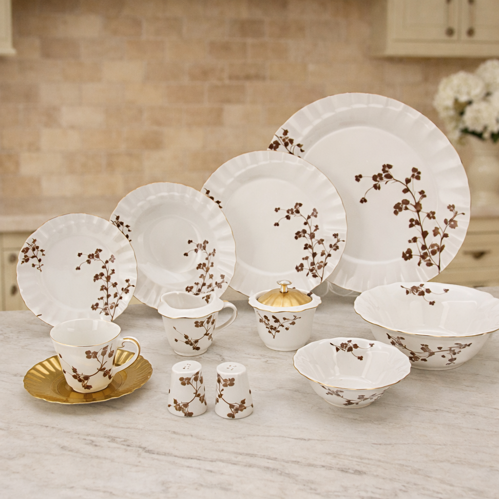 Angela Floral Gold Rim Dinnerware Set – Elegant Porcelain Tableware Collection