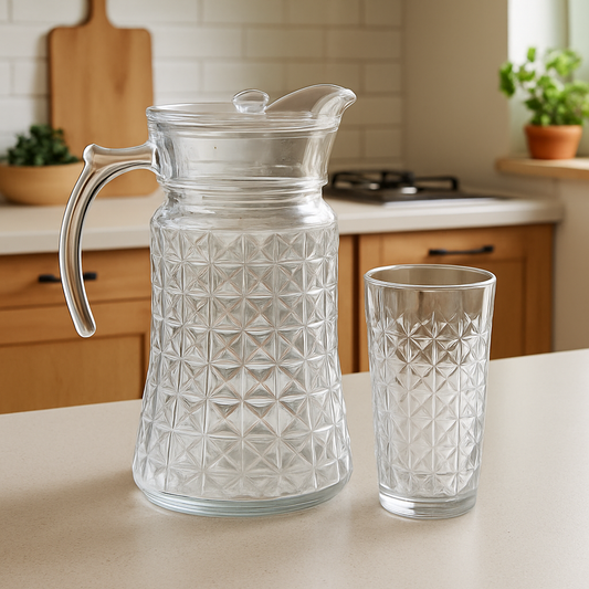 Smoke-Tinted 7-Piece Water Set – Diamond-Cut Jug & Matching Tumblers (Pressed Glass)
