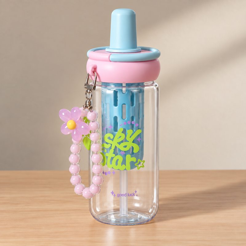 Blue 900ml Lucky Star Water Bottle with Straw & Charm
