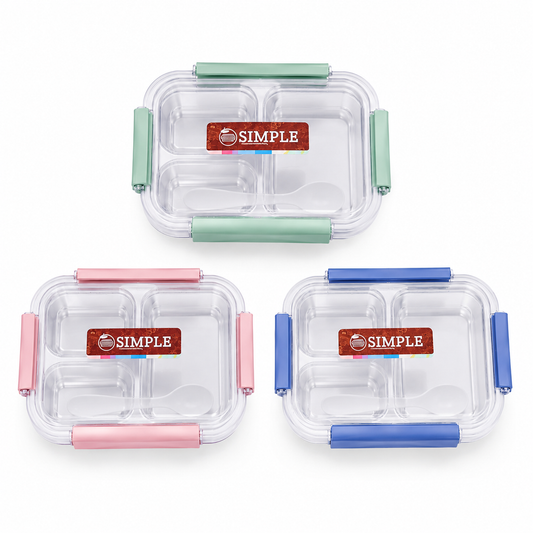 Assorted Design 3 Compartment Stainless Steel Lunch Box with Spoon | Leakproof Bento Lunch Box for School, Office & Travel | Reusable Food Storage Container