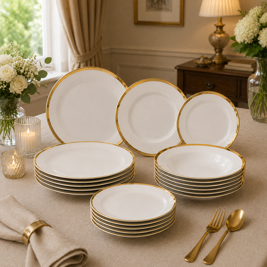 Premium Porcelain Plate Set with Gold Rim | Elegant Dinnerware for 6 Persons