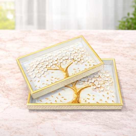 2Pcs Tray Set – Elegant Rectangular Serving Trays with Golden Tree Design - Habitt