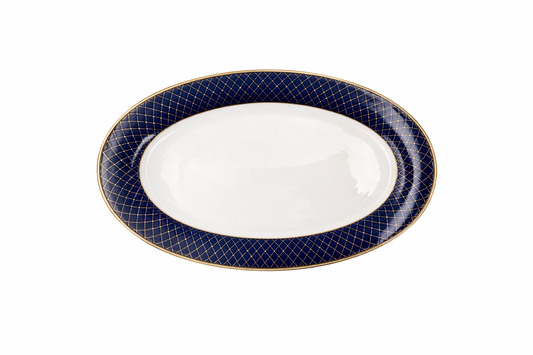 Luxury Blue & Gold Oval Serving Plate – 14-Inch Elegant Ceramic Platter