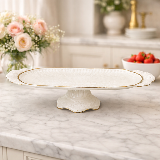 Large White Porcelain Snack Dish with Gold Trim – Elegant Pedestal Serving Platter