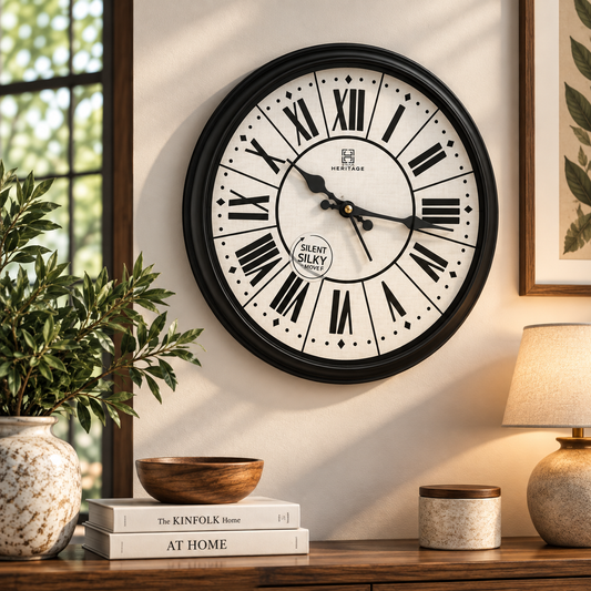 Heritage 14.5-Inch Vintage Roman Numeral Wall Clock – Classic Black Frame, Silent Sweep Movement, Antique Style Home Décor