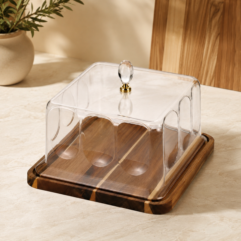 Wooden Cake Dish with Acrylic Lid – Large & Small