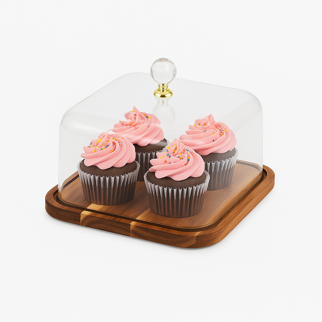 Square Wooden Cake Dish with Glass Dome | Elegant Dessert &amp; Cheese Display Stand