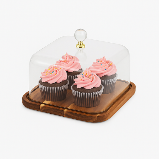 Square Wooden Cake Dish with Glass Dome | Elegant Dessert &amp; Cheese Display Stand