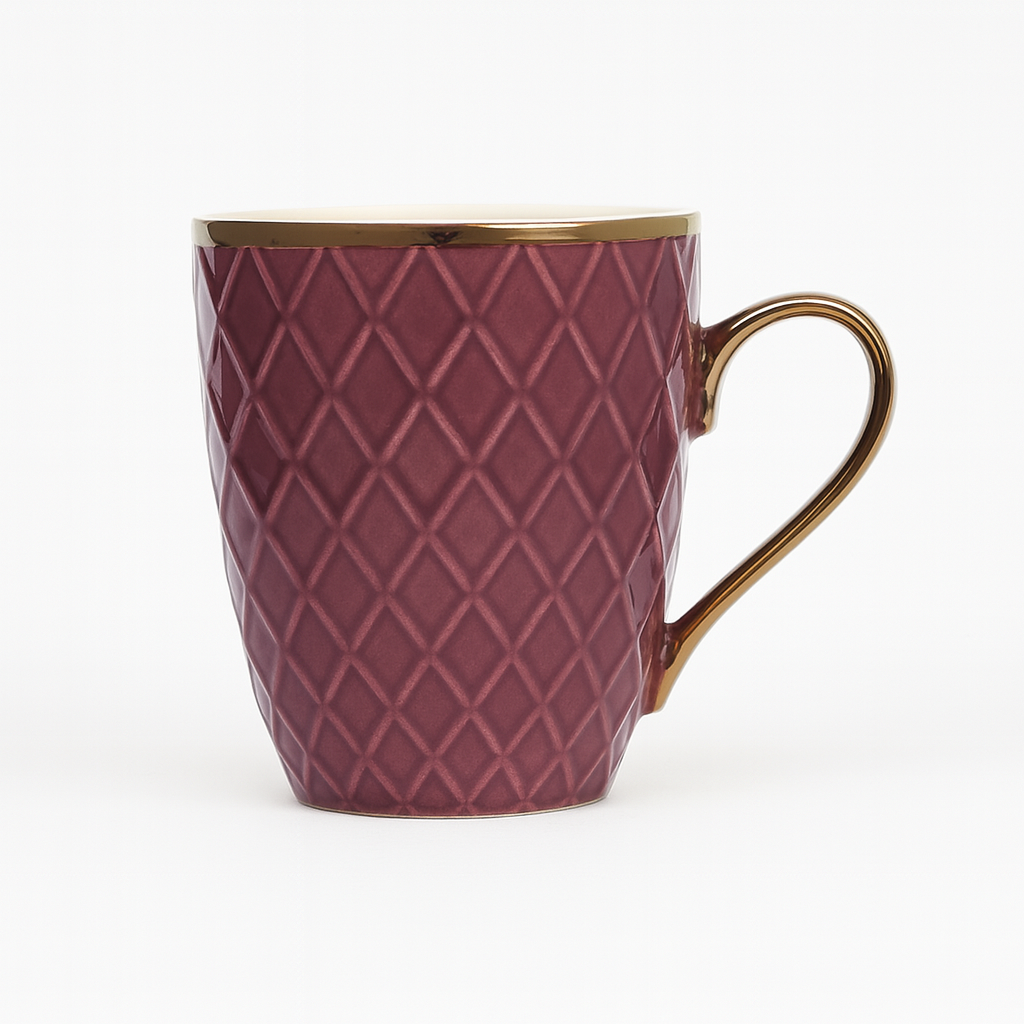 Textured Maroon Ceramic Mug with Gold Handle – Elegant Coffee & Tea Cup