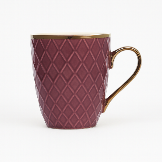 Textured Maroon Ceramic Mug with Gold Handle – Elegant Coffee & Tea Cup