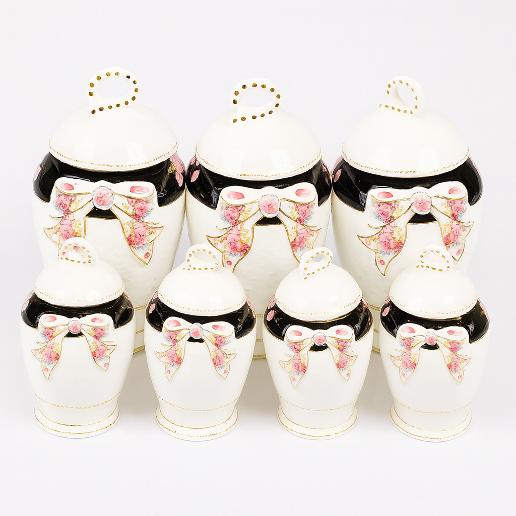 7 Pcs Canister Set with Ceramic Lid 1040 – Floral Bow Kitchen Storage Jars
