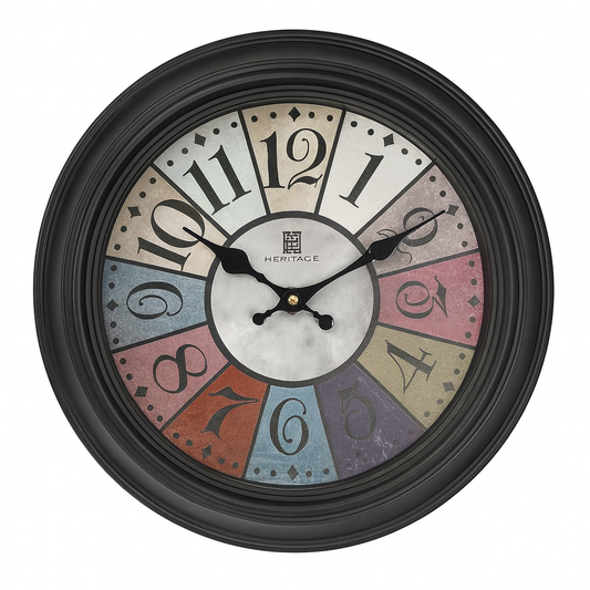 Squat Wall Clock – 10.75-Inch Vintage Multicolor Roman Numeral Wall Clock with Black Frame