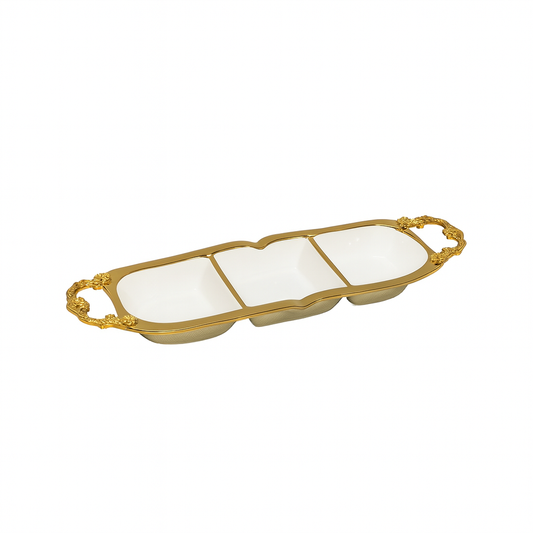 Elegant Three Section Serving Dish – White Ceramic Tray with Gold Handles