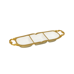 Elegant Three Section Serving Dish – White Ceramic Tray with Gold Handles
