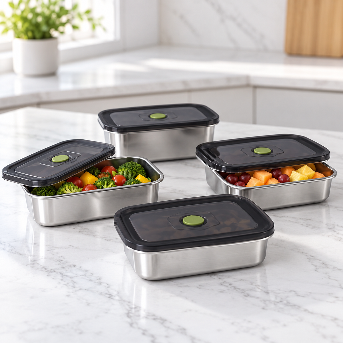 4 Pcs Storage Box Set – Modern Matte Finish with Black Vacuum Lids (500/650/750/1000ML)