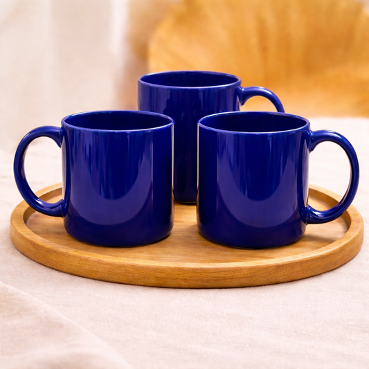 Set of 3 Royal Blue Ceramic Coffee Mugs | Classic Glossy Tea Cups | Modern Minimalist Drinkware Set - Habitt