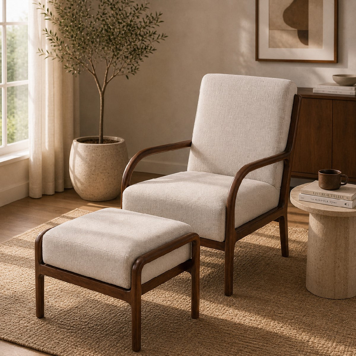 Aurra Chair Set with Puff | Modern Upholstered Lounge Chair & Ottoman Set - Habitt