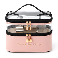 Transparent & PU Travel Cosmetic Pouch – Dual-Layer Makeup Organizer Bag