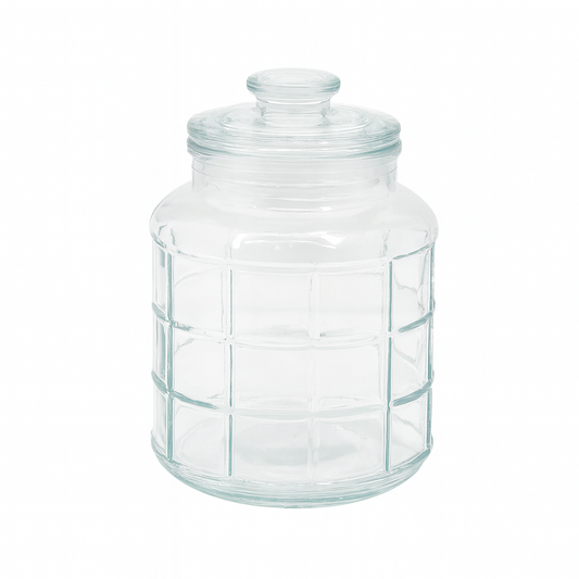 Clear Grid-Pattern Pressed-Glass Storage Jar with Lid – 2200 ml Airtight Kitchen Container