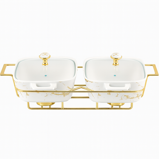 13" Twin Rectangular Marble-Design Ceramic Casserole With Gold Stand – Dual Serving Dish