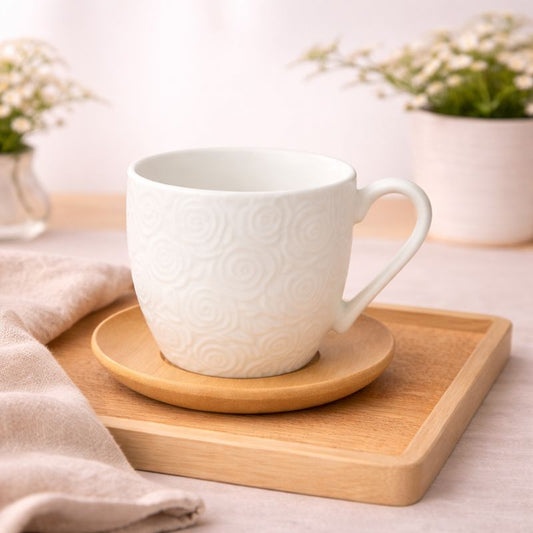 6 Pcs Cups & Bamboo Saucers – White Rose Embossed Ceramic Tea Set