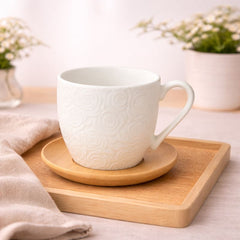 6 Pcs Cups & Bamboo Saucers – White Rose Embossed Ceramic Tea Set - Habitt
