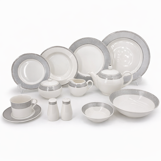 Luxury White & Grey Border Dinner Set – 47-Piece Elegant Ceramic Tableware Collection