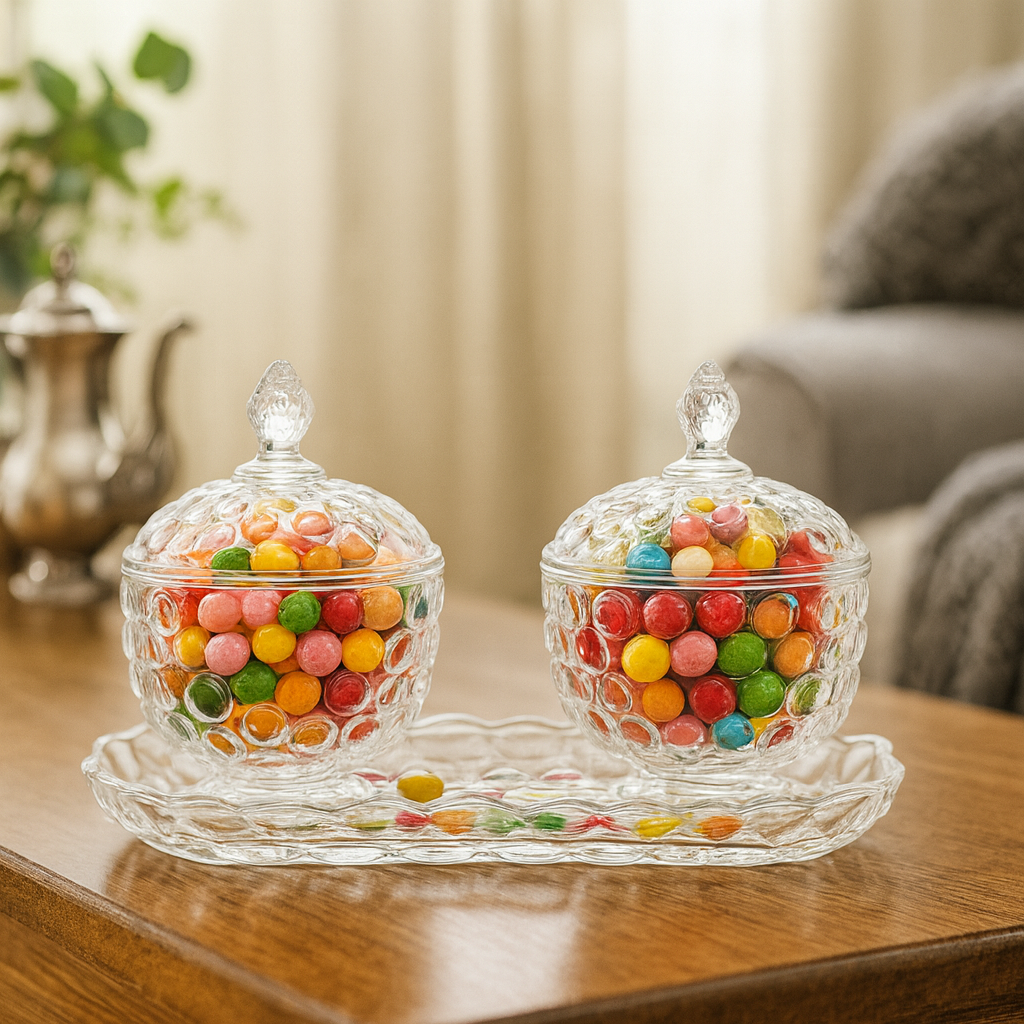 Textured Clear Glass 3-Piece Candy & Serving Set with Tray – Decorative Lidded Bowls