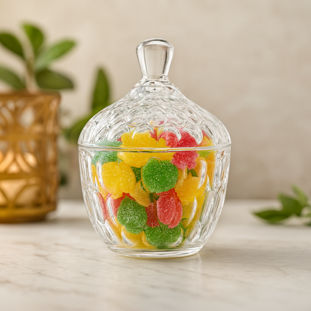 Clear Embossed Glass Candy Jar with Lid – 99 mm Decorative Sweet Container (1 Pc)