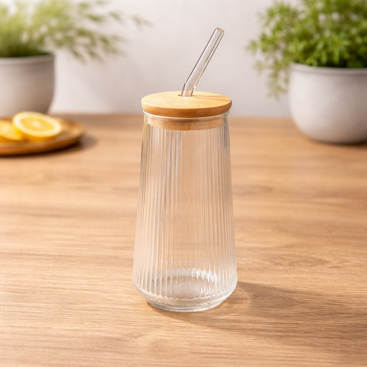 Straw Glass with Bamboo Lid – Ribbed Clear Tumbler with Reusable Straw - Habitt